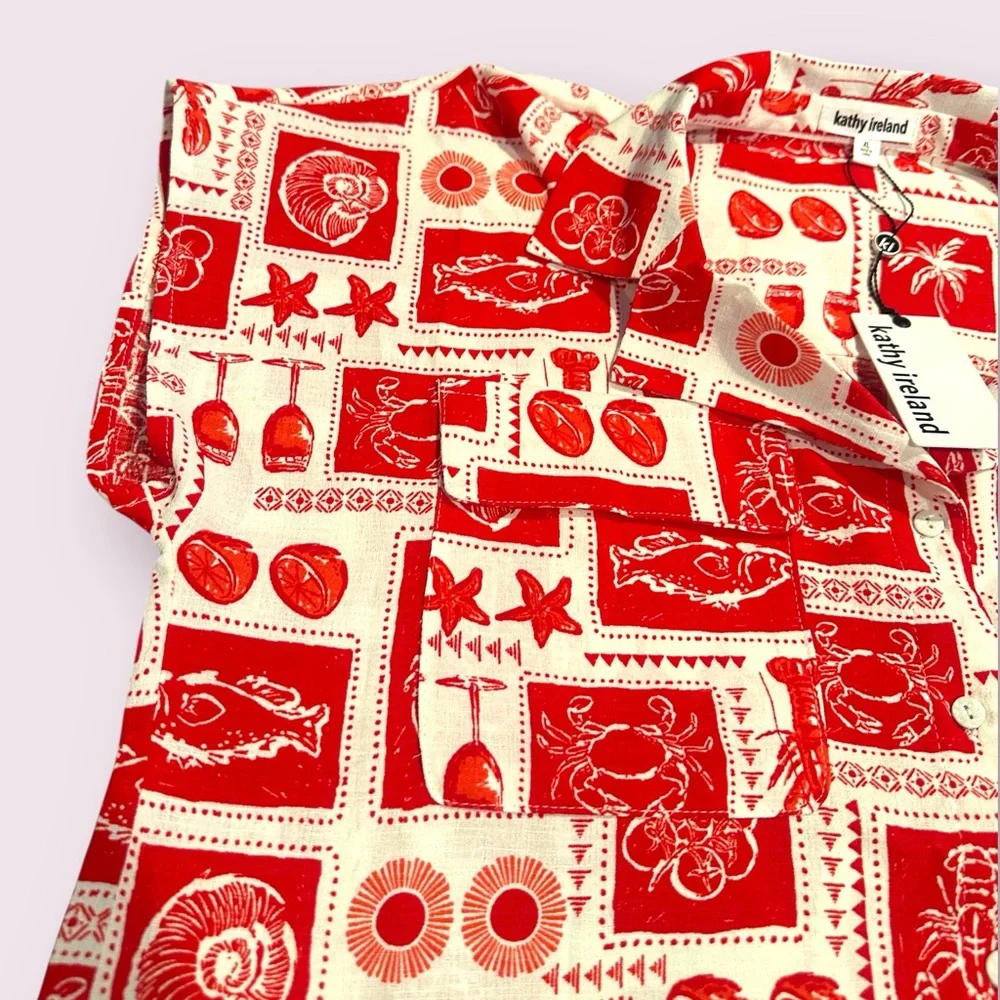 Kathy Ireland Red and White Nautical Lobster Seafood Patterned Shirt - Picture 3 of 7